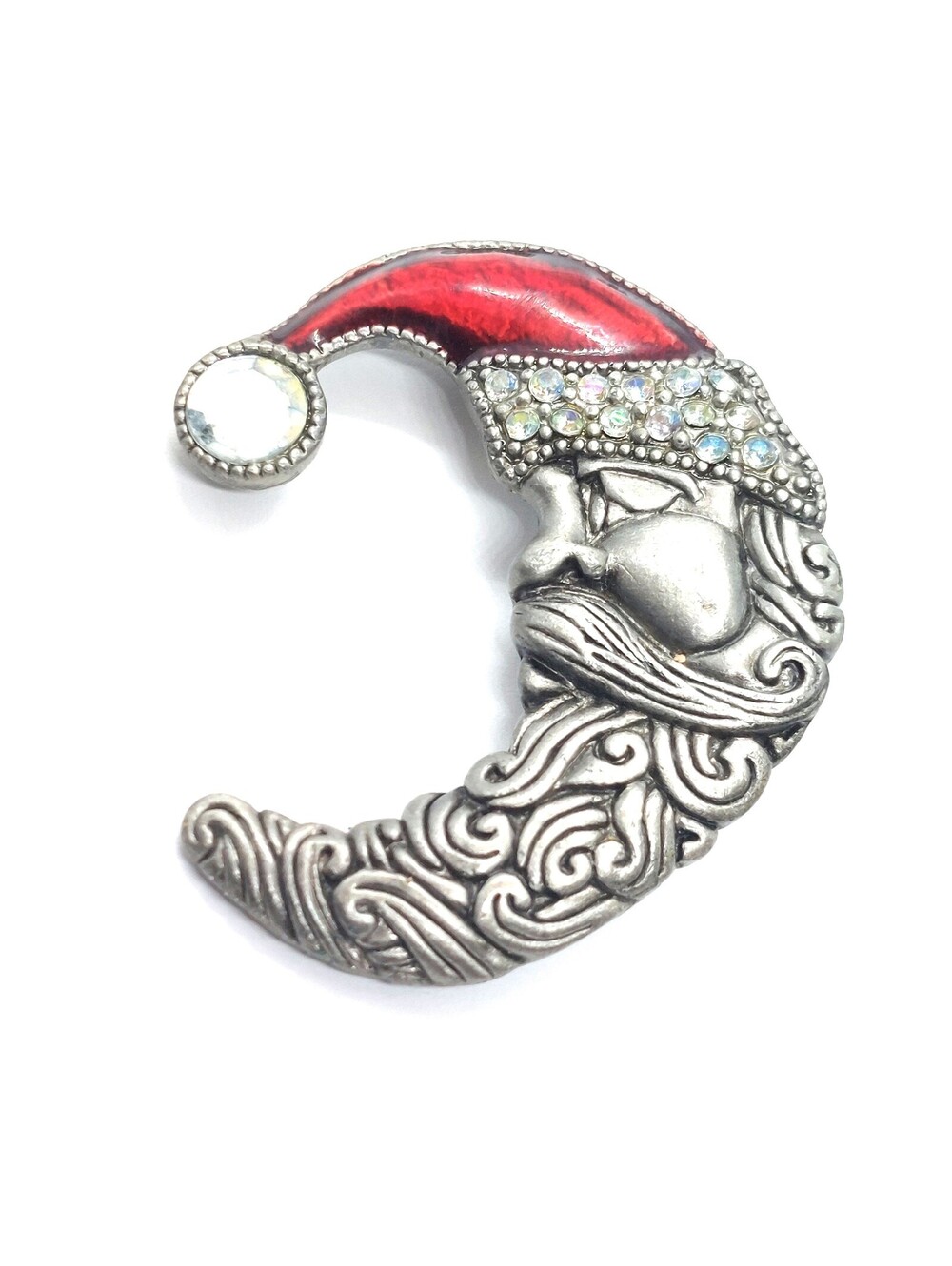 Vintage Crescent Moon Santa Face Brooch Pin Christmas Holiday Rhinestones